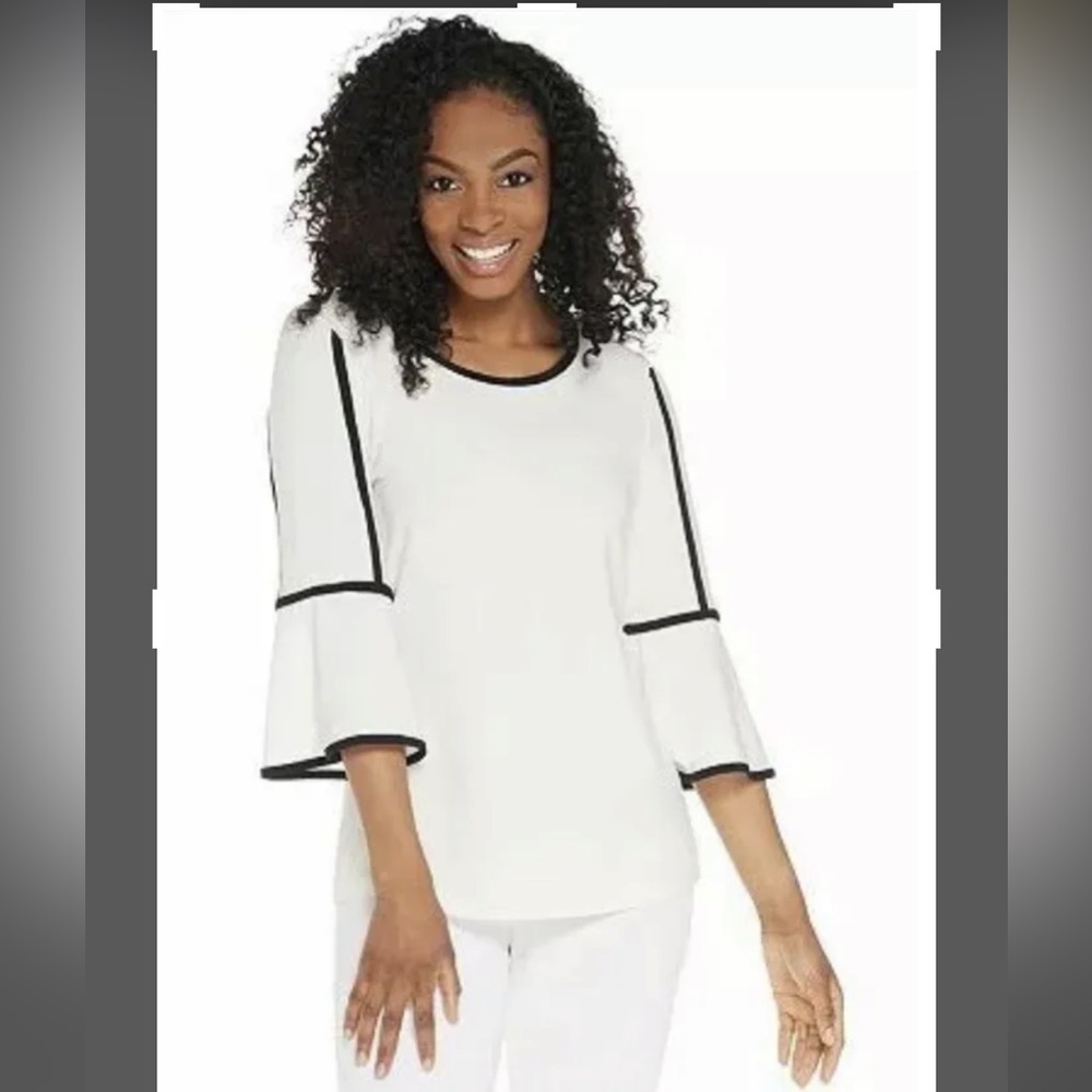 *Denim Co Scoop-Neck 3/4-Sleeve Top w/ Contrast Trim MEDIUM ~ A309317 Natural